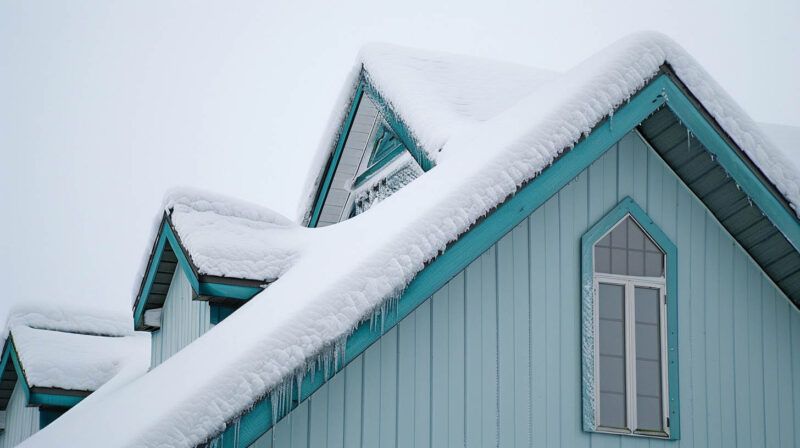 Snow-covered blue house roof with dormer windows and steep gables