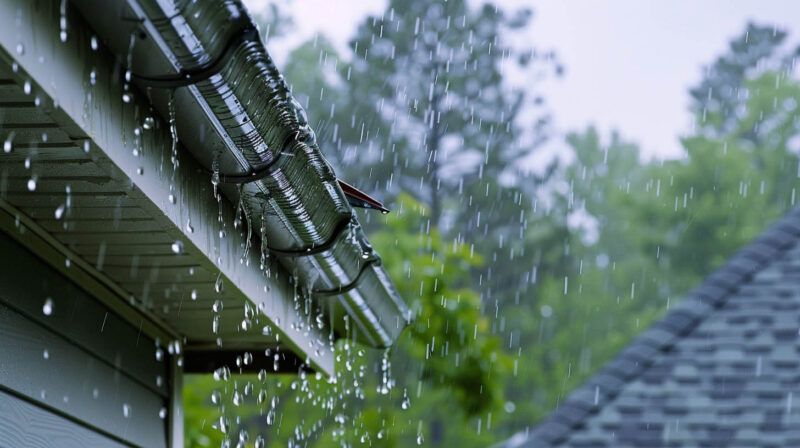 Rainwater dripping from a roof gutter beside trees and a gray shingled roof.