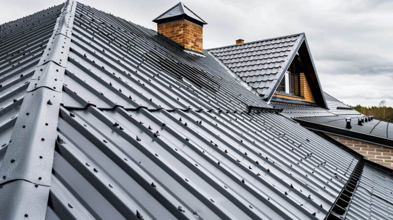 Gray metal roof with standing seams and two small dormer windows under cloudy sky