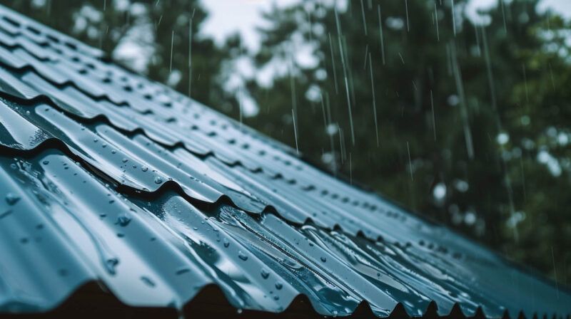 Rain falling on a blue corrugated metal roof.