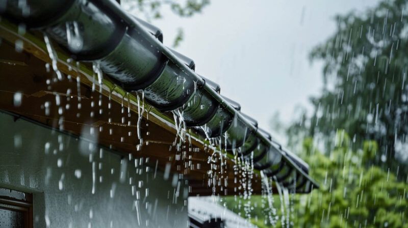 Rainwater dripping from a black gutter on a house roof, with trees blurred in the background.
