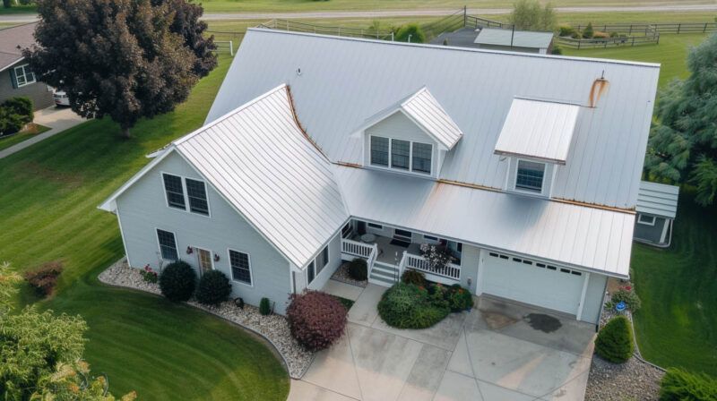 Aerial view of a white farmhouse with metal roof, driveway, and green lawn in a rural setting