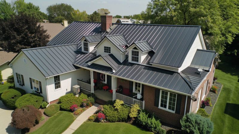 Suburban house with gray metal roof, front porch, and landscaped garden on a sunny day