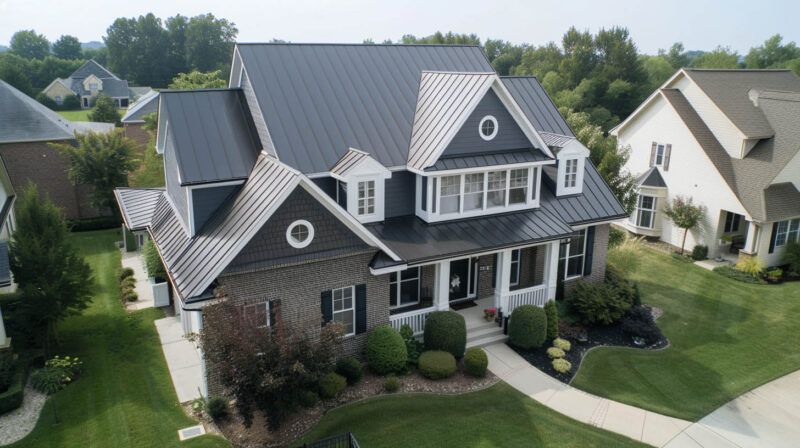 Aerial view of a large gray suburban house with dormers, white trim, and a landscaped front yard.
