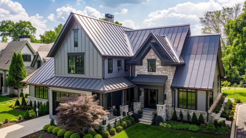 Modern gray house with steep metal roof, large windows, and manicured front landscaping