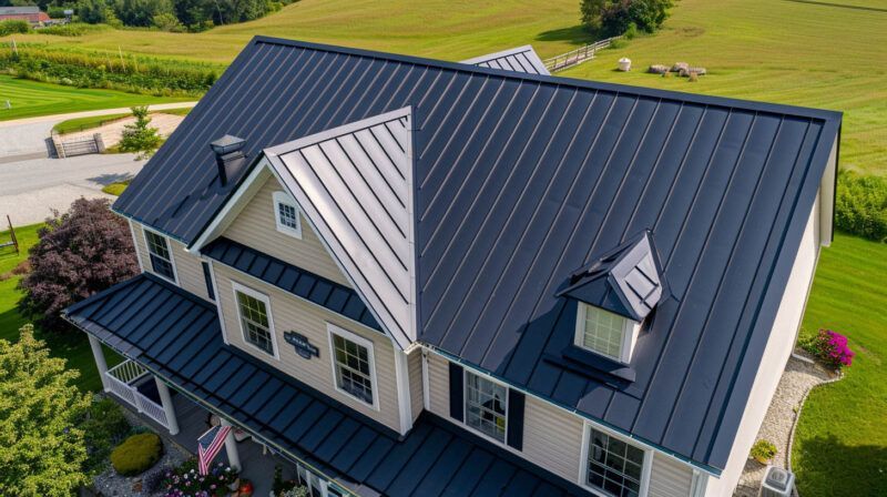 Aerial view of a house with a dark metal roof and dormer windows in a green suburban setting
