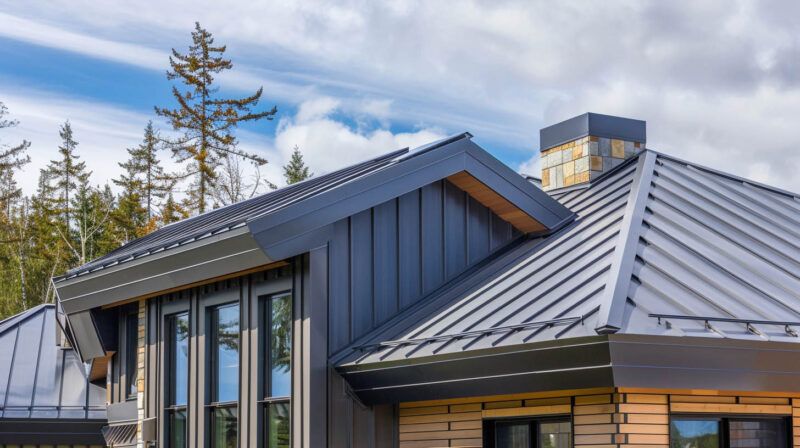 Modern house exterior with dark gray metal roof, wood siding, and tall windows under a blue sky