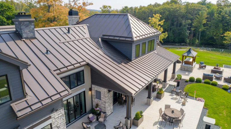 Modern house with gray metal roof, patio furniture, and landscaped backyard in daylight