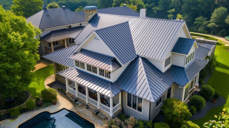 Aerial view of a large gray-roofed house surrounded by lush green trees and landscaping.