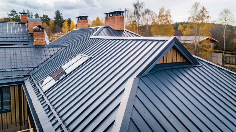 Modern metal roof with skylights on a row of houses, viewed from above