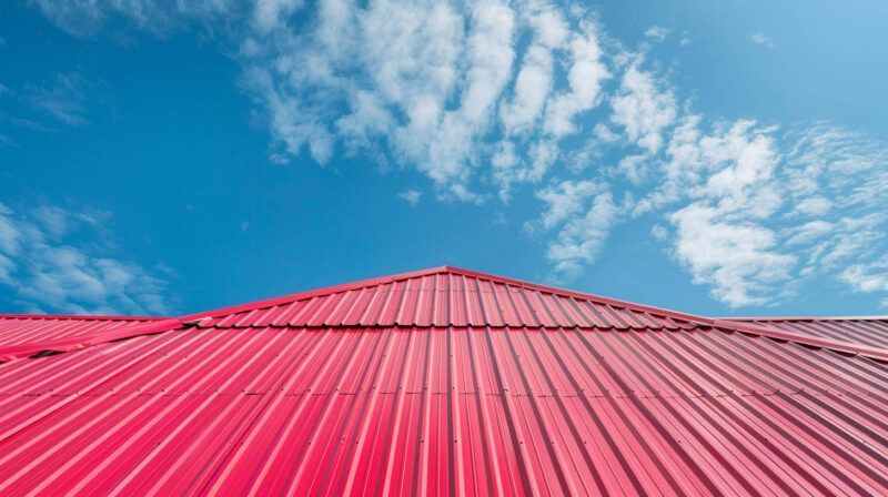 Bright pink roof against a blue sky with scattered white clouds