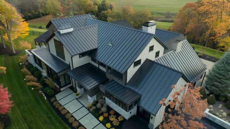 Aerial view of a large gray-roofed house surrounded by trees and landscaped garden.