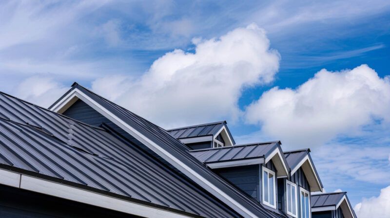 Blue metal rooftops with dormer windows under a partly cloudy sky