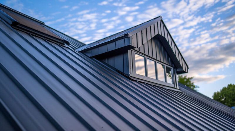 Dark metal roof with dormer windows against a blue, cloud-streaked sky
