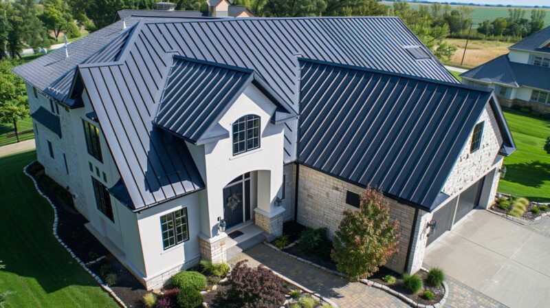 Large modern two-story house with a dark blue metal roof and stone exterior, viewed from above.