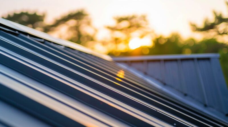 Sunlit metal roof with skylight reflecting warm sunset light