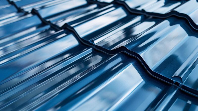Blue corrugated metal roof panels with light reflections and dark seams
