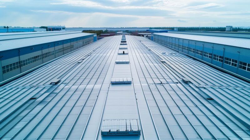 Wide rooftop with rows of skylights on a large industrial building under a blue sky.