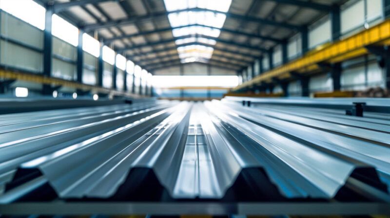Inside a large industrial warehouse, stacks of metal sheets recede toward a bright opening.