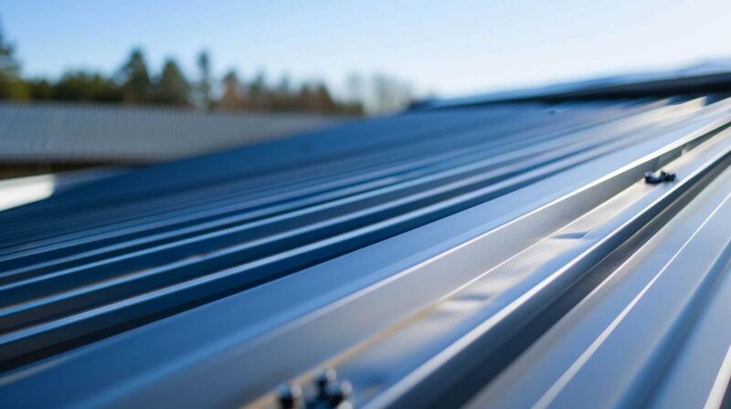 Blue corrugated metal roof panels with a blurred treeline in the background