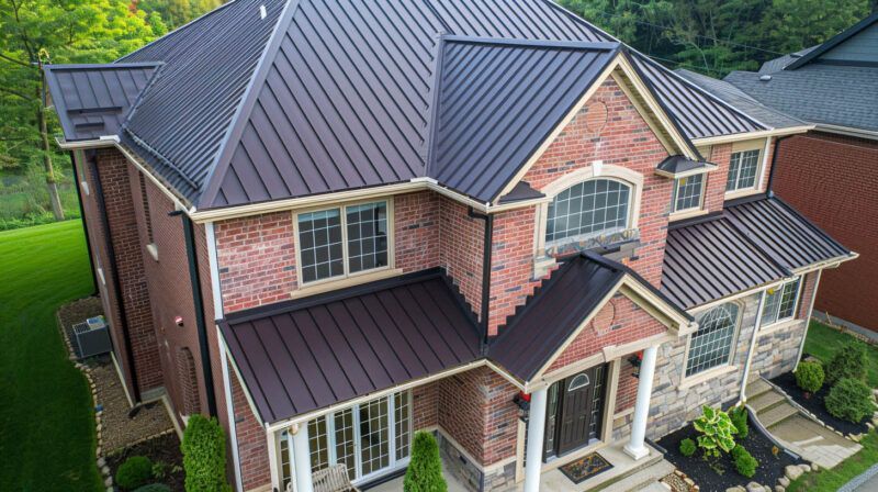 Aerial view of a two-story brick house with a dark metal roof and covered front porch