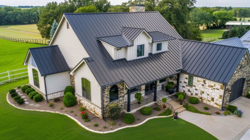 Aerial view of a large gray-roofed stone house with manicured lawn and landscaping in a rural setting
