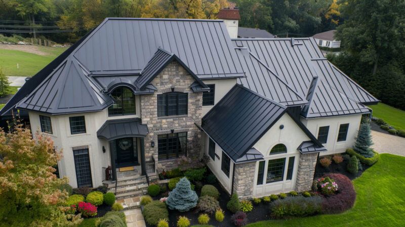 Large modern stone house with a gray metal roof, manicured landscaping, and a front entryway