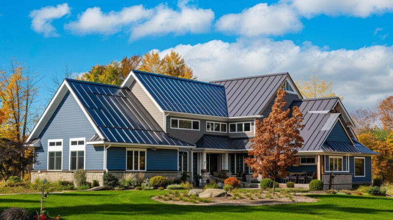 Large modern house with blue-gray roof, white siding, autumn trees, and a green lawn under a blue sky