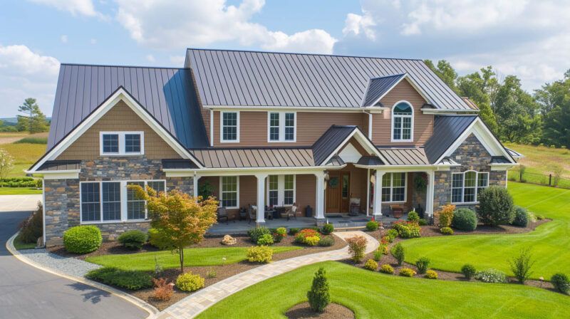 Large suburban house with blue roof, stone accents, and landscaped front yard under a sunny sky