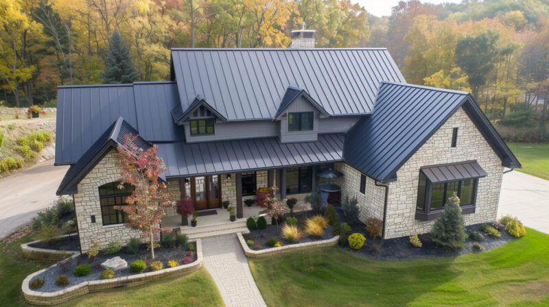 Modern stone-and-gray house with black metal roof, landscaped yard, and autumn trees in the background