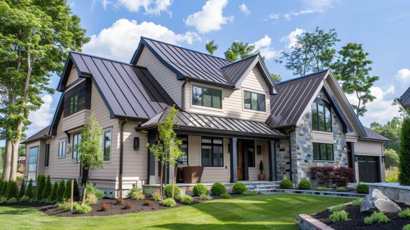 Modern suburban house with dark metal roof, stone accents, and a landscaped green lawn under a sunny sky