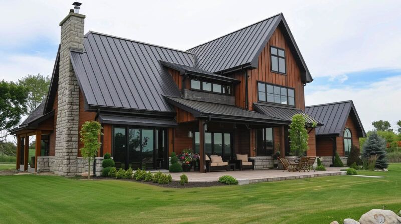 Modern dark-wood house with metal roof, large windows, stone chimney, and manicured lawn