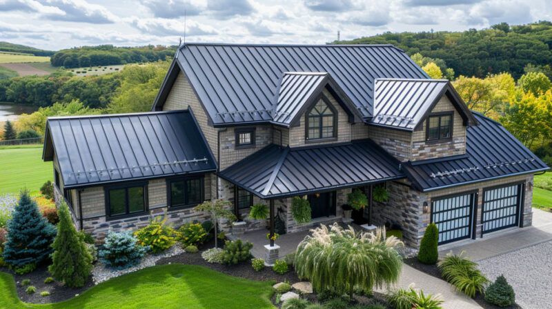 Modern gray-roofed house with landscaped garden and rolling green hills in the background