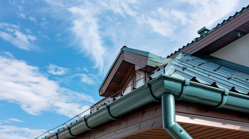 Blue-green roofline and gutter against a bright sky with wispy clouds
