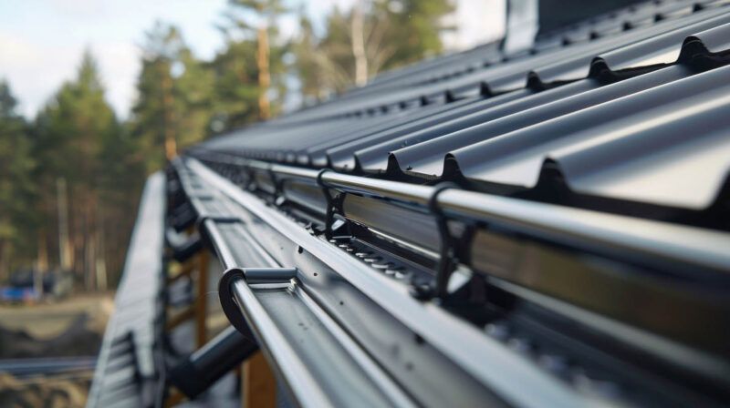 Close-up of a metal roof and gutter with trees blurred in the background