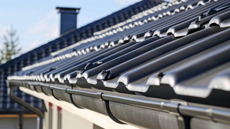 Close-up of a dark gray tiled roof with a gutter against a blue sky