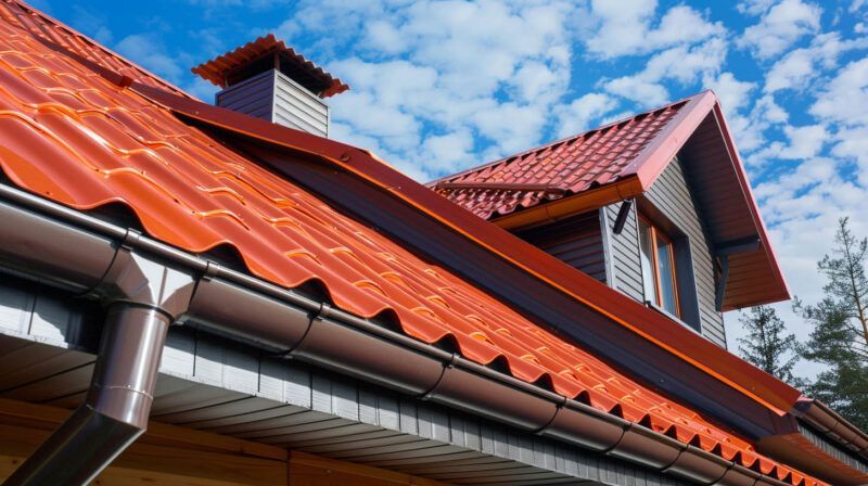 Red-tiled house roof with a chimney and dormer windows against the sky