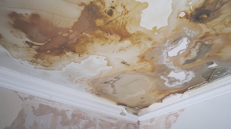 Water-damaged ceiling corner with brown stains and peeling paint above crown molding