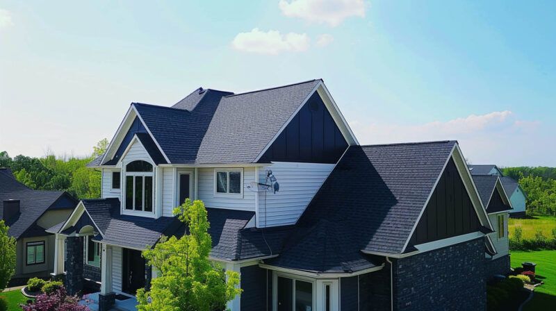 Suburban house with dark gray roof and white siding under a bright blue sky