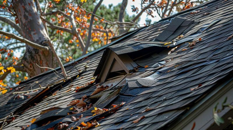 Damaged shingled roof with a collapsed dormer and fallen branches in autumn