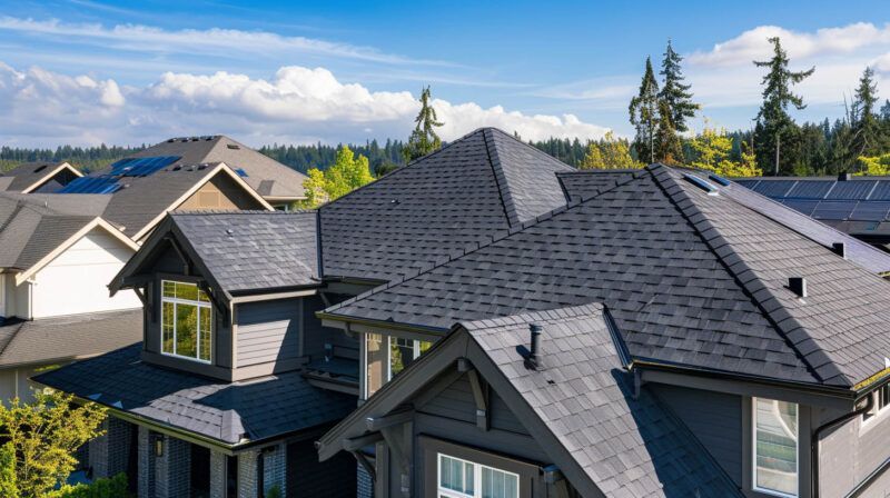 Suburban homes with dark gray shingle roofs under a bright blue sky