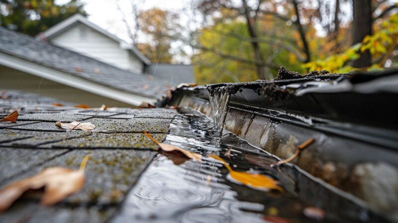 Leaking rooftop gutter with water pooling on shingles near a house exterior