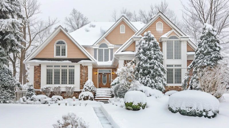Snow-covered suburban house with tall trees and a front walkway in winter