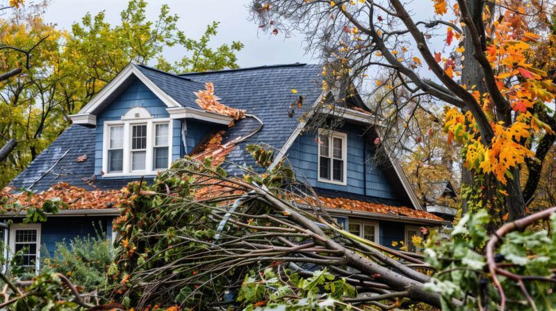 House with blue roof and autumn foliage, damaged by fallen tree branches in the yard