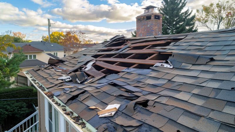 Severely damaged house roof with missing shingles and exposed wooden rafters after storm damage