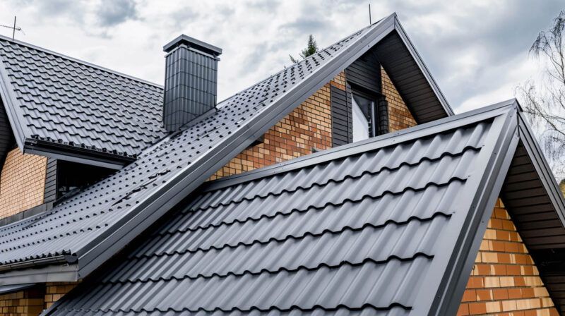 Close-up of a dark gray tiled roof with a brick chimney under cloudy skies