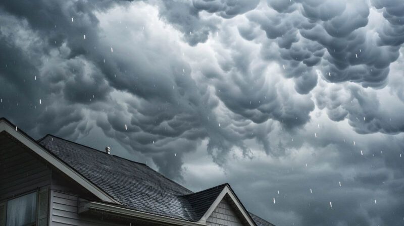 Dark storm clouds over house rooftops with rain falling