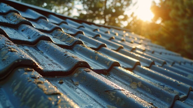 Sunlit blue tiled roof with raindrops, viewed from a low angle