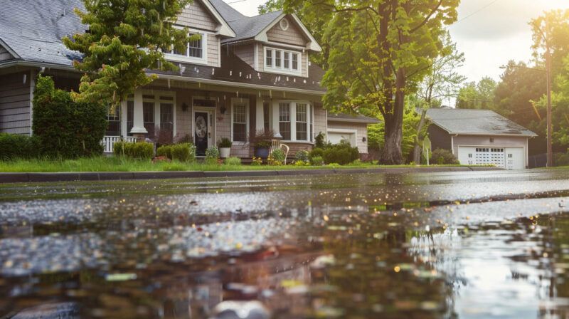 Rain-soaked suburban house with a tree-lined front yard and wet street reflections at dusk