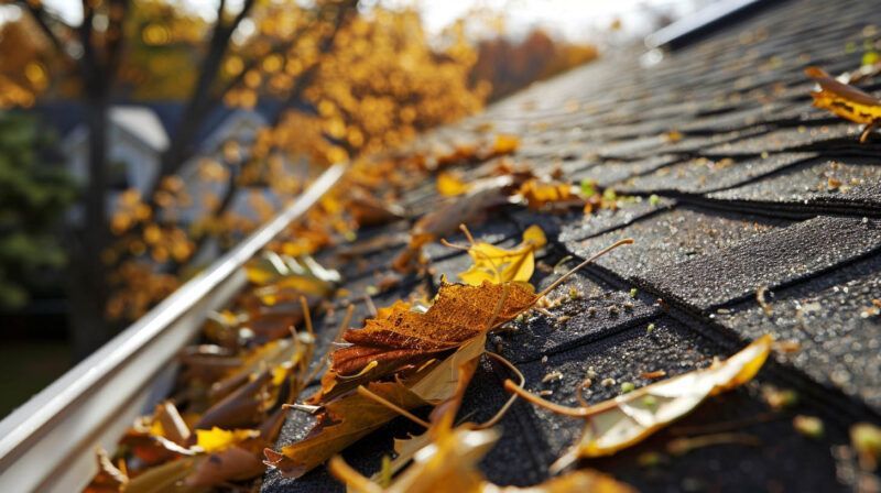 Autumn leaves scattered on a shingled roof beside a gutter, with trees blurred in the background